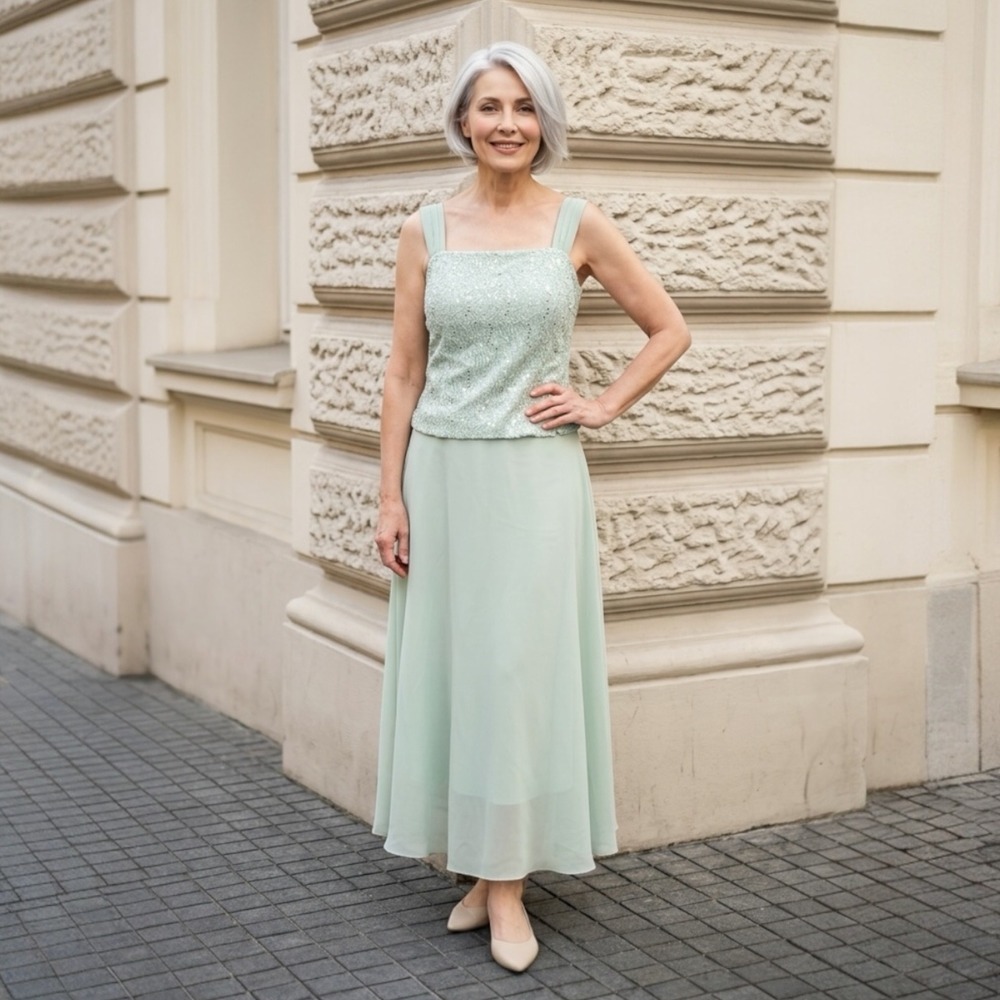 Sage Green Sequined Lace Chiffon Formal Gown Square Neck Sleeveless Dress 18